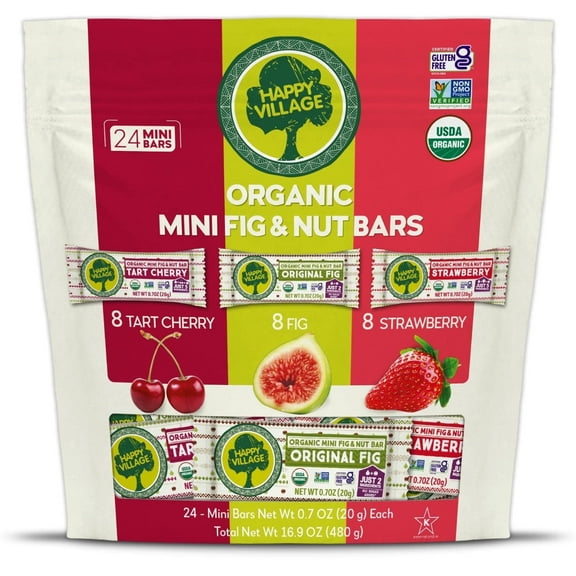Happy Village Organic Mini Fig & Nut Bars, 24 Packs, No Sugar, Kosher, Non-GMO, Gluten Free, Vegan, Flexible pack, 8 Cherry, 8 Fig, 8 Strawberry