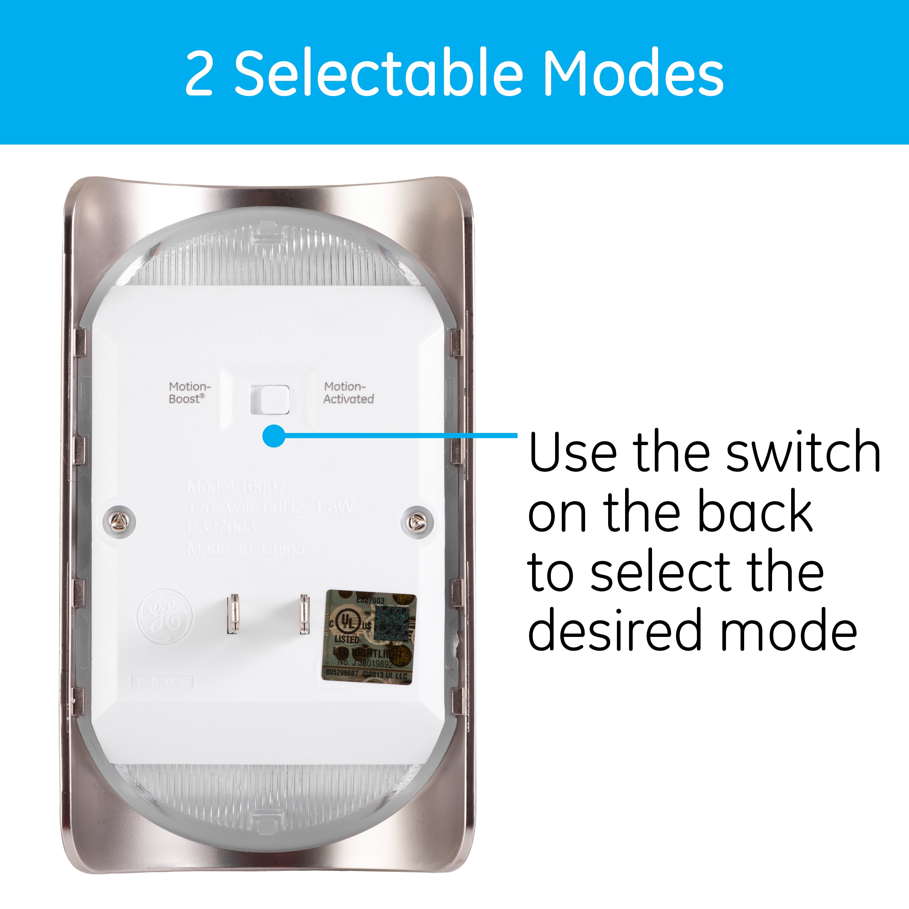 GE Coverlite LED Motion-Select Night Light, Plug-in, Brushed Nickel, 37299