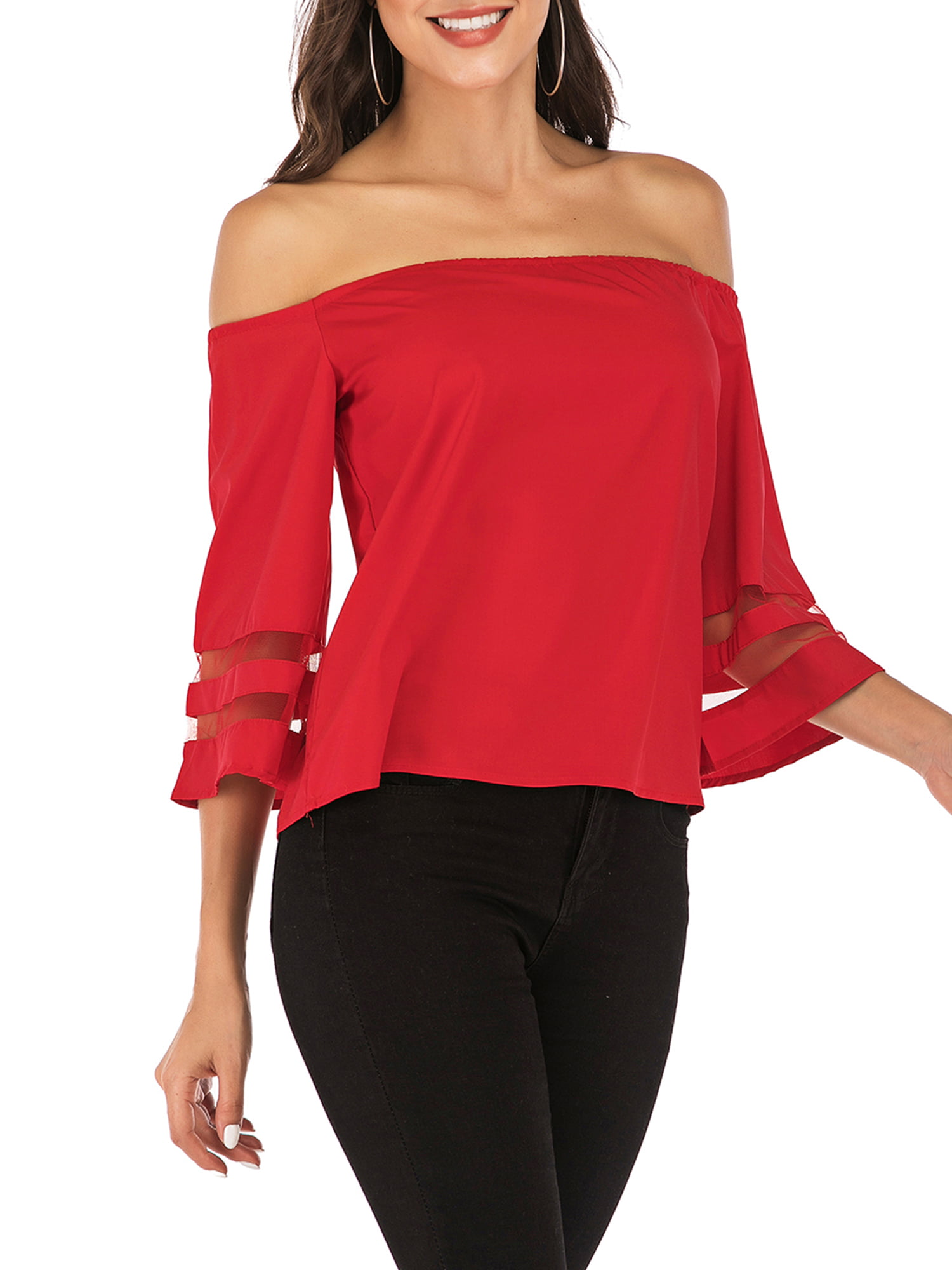 Sayfut Sexy Off Shoulder Tops For Women 3 4 Sleeve Elegant Shirts Cold Shoulder Blouses Red S
