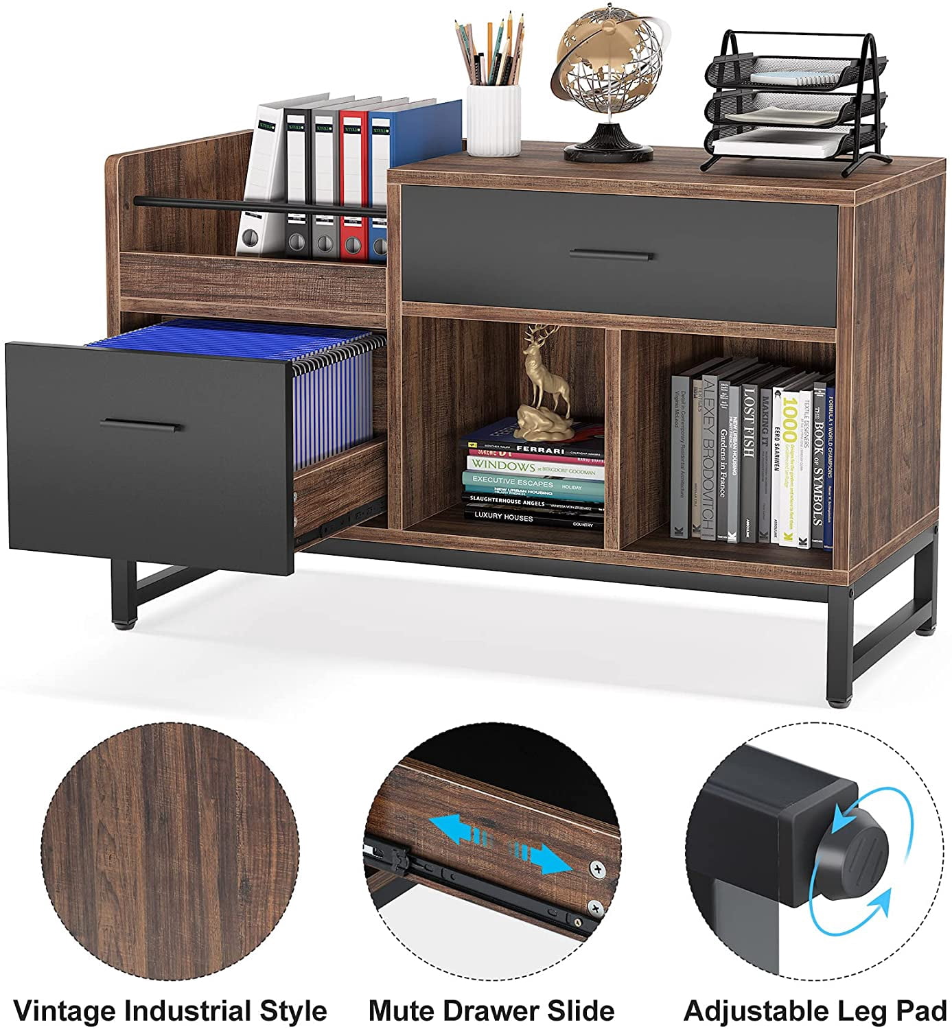 Tribesigns 2 Drawers File Cabinet, 39 inch Lateral Filing Cabinet with Open Storage Shelves for Home Office, Rustic Brown