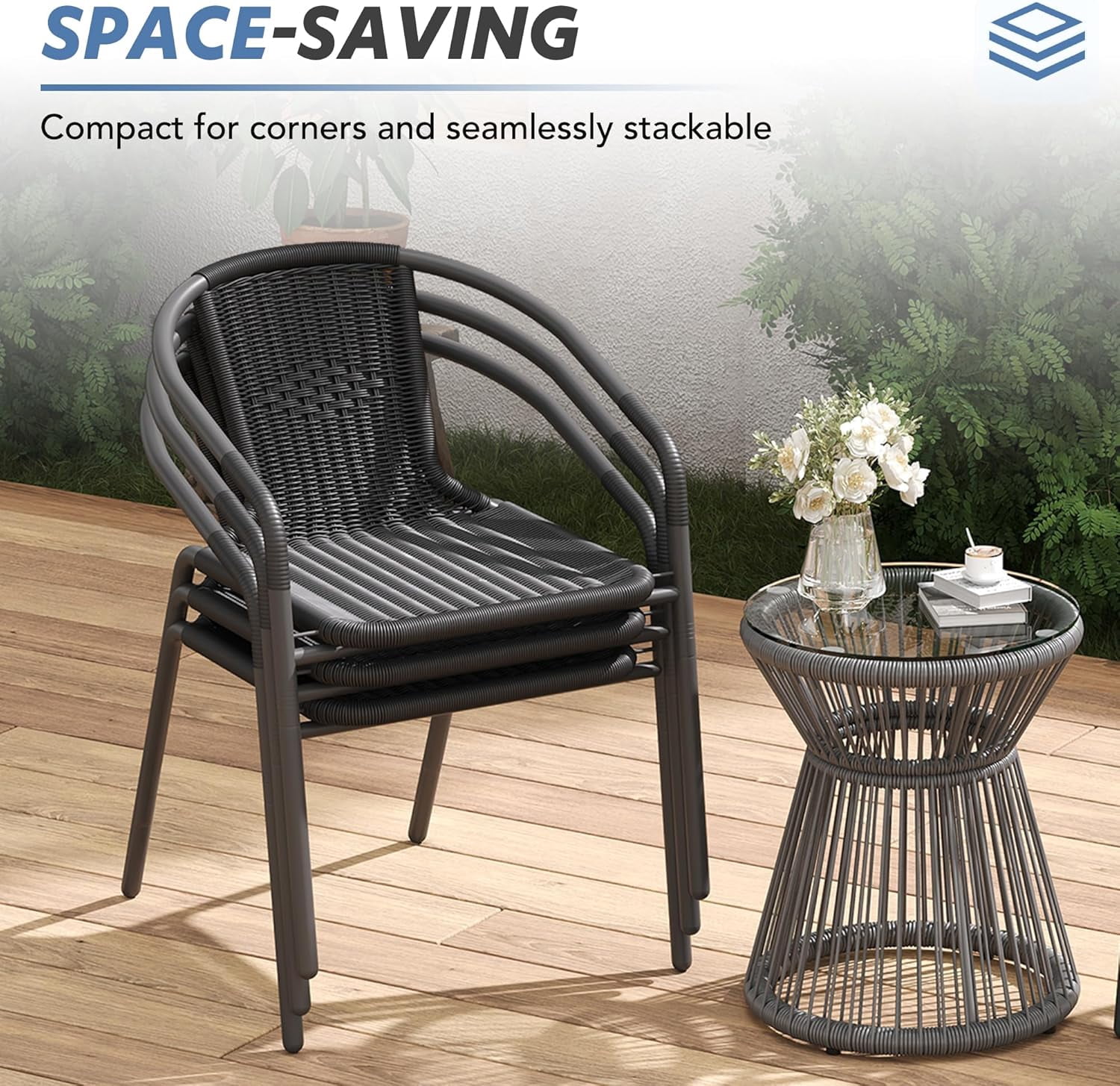 UDPATIO Rattan Patio Dining Chairs Set of 4, Wicker Stackable Outdoor Chairs, for Indoor Bistro Restaurant Porch Deck, Black