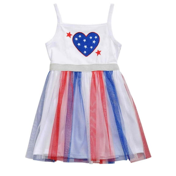 Toddler Girls Patriotic Red White & Blue Tulle Heart Sun Dress Sundress 4T
