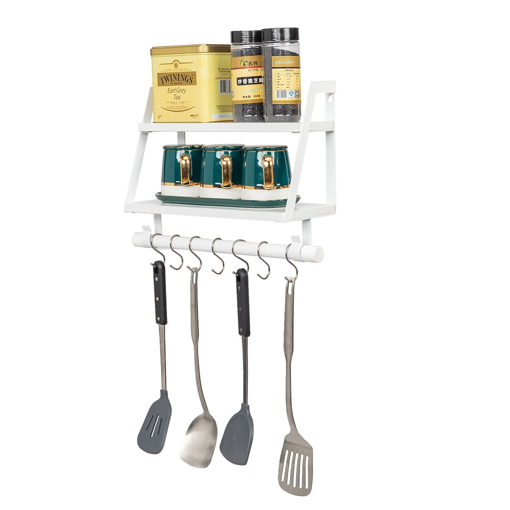 Lowestbest Wall Shelves Wood Floating Shelves, 2 Tier Storage Shelves Bathroom Shelf Kitchen Spice Rack with 8 Hooks,White Lowestbest Wall Shelves Wood Floating Shelves, 2 Tier Storage Shelves Bathroom Shelf Kitchen Spice Rack with 8 Hooks,White