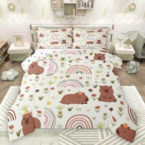 Castle Fairy Cute Animal Capybara 3 Pieces Queen Comforter Set for Teens Boys Girls,Kawaii Rainbow Ultra Soft Bedding Sets,Chic Floral Flowers Bedding Comforter Set Breathable