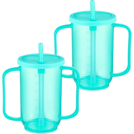 JJEAN-Adult Sippy Cups for Elderly 12 oz Straw Sippy Cups with 2 Handles No Spill for Adults Spill Proof Dysphagia Cup for Disabled Patients (Blue)