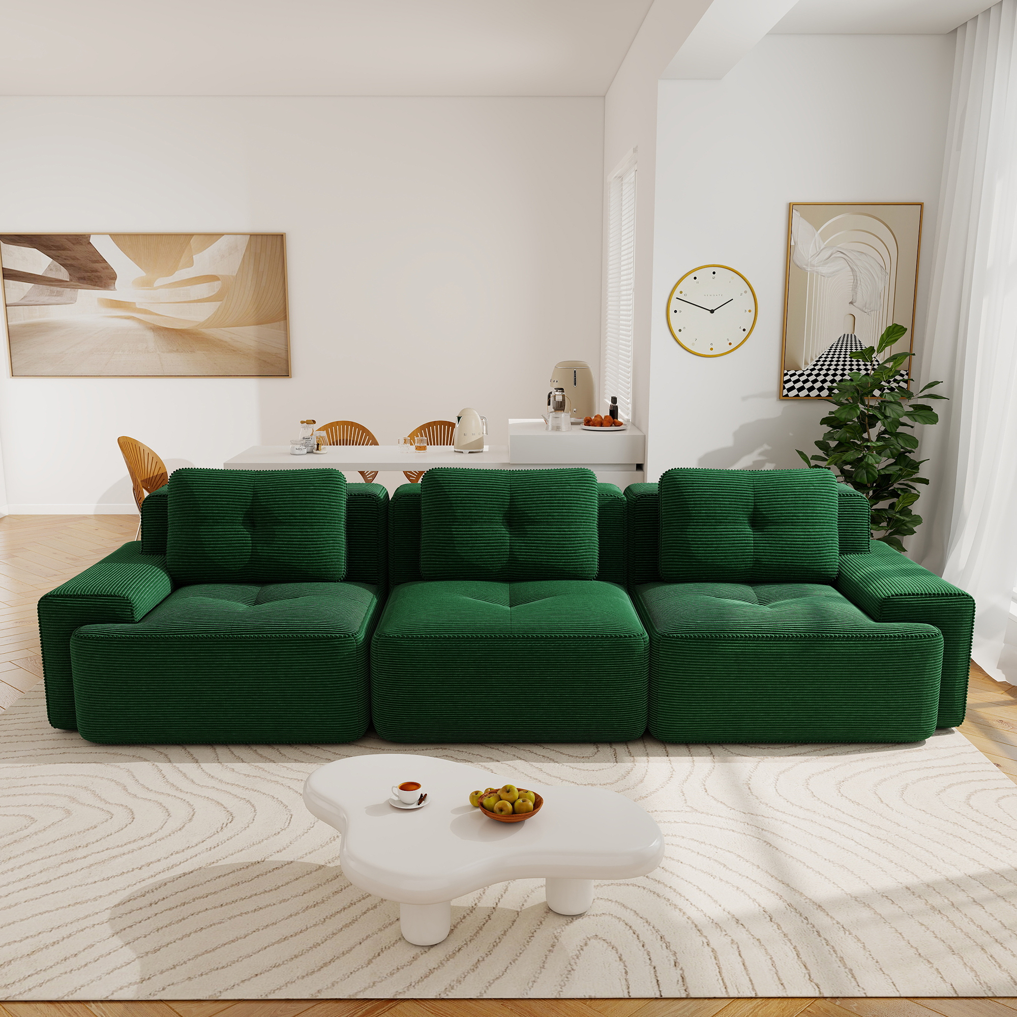 Aukfa Corduroy 3-Piece Modular Sectional Sofa, 93-in Wide Sofa Seat for Living Room, Tufted, Green