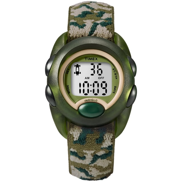 Timex Boys T71912 Time Machines Reloj digital con correa de tela elástica de camuflaje verde