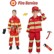 8Pcs Red Kids Fireman Costume Dress-up Set Pretend Role Play Firefighter Realistic Outfit Kit Gift Toys for Boys 3-6 Years Toddler Birthday Christmas Present