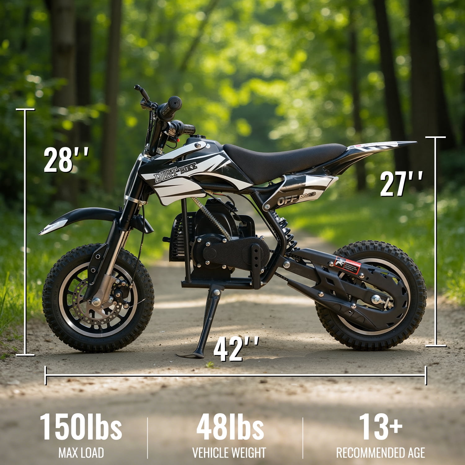 TOXOZERS 50cc 2-Stroke Dirt Bike ,Off-Road Mini Bike for Kids Ages 8+, Pit Bike with Safety Kill Switch, 25mph, 150 lbs, Black