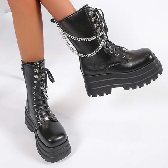 JUSLIO Boots for Women,Platform Boots Fashion Casual Slip on Mid Calf Boots Comfort Solid Color Lightweight Boots Womens Boots,