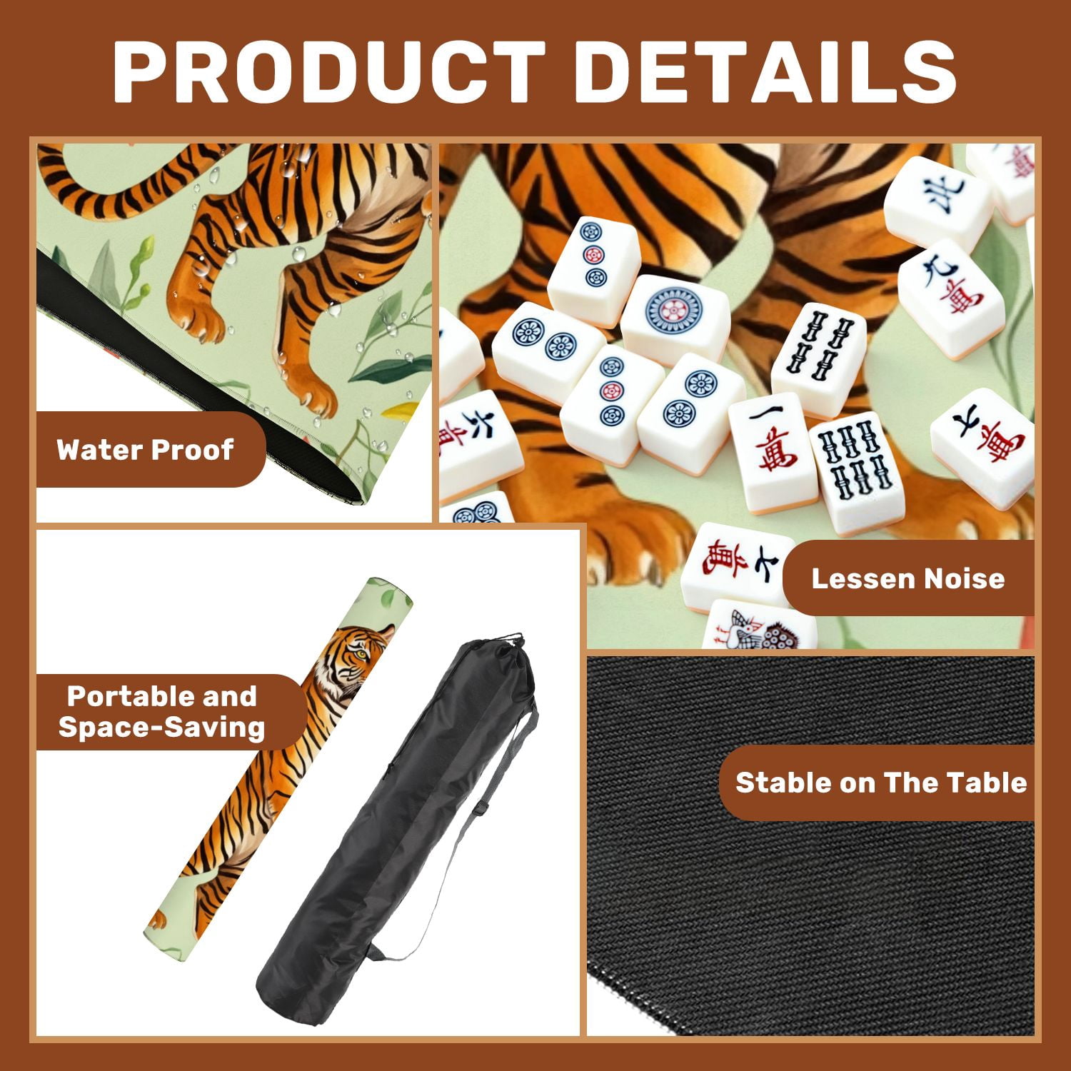 Mahjong Mat 31.5" x 31.5" Vibrant Tiger Amongst Floral Greenery Non-Slip Noise Reduction American Mahjong Tiles Table Cover for Dominoes Poker Card Board Games Gift