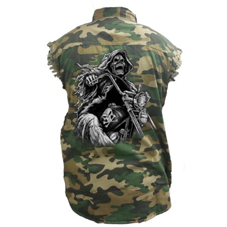 Men's Camo Sleeveless Denim Shirt Grim Reaper Biker Death Motorcycle Skeleton Skull Denim Vest