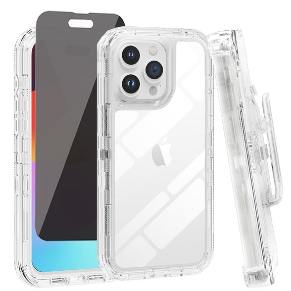 TASHHAR for iPhone 15 Pro Max Case with Privacy Screen Protector and Belt Clip Holster 3 in 1 Reinforced Bumper Shockproof Non-Yellowing Crystal Clear Case iPhone 15 Pro Max 6.7 inch 2023 Phone