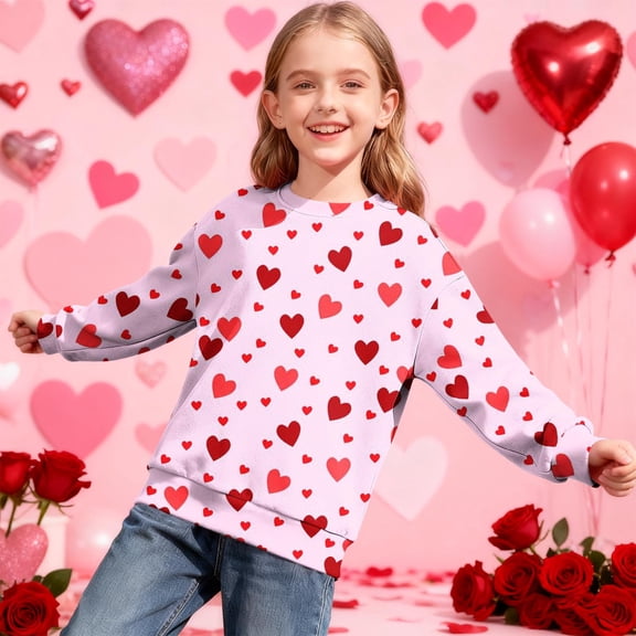 Girls Pink Heart Print Pullover Sweatshirt - Soft Stretch Crew Neck Long Sleeve for Kidss & Pre-Teens (2-14 Years),Size 11-12 T