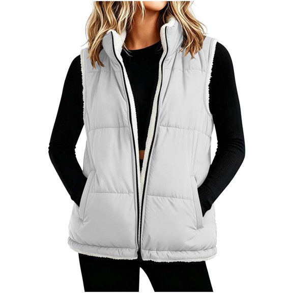 DISKEBUISS Women's Sherpa Lined Puffer Vest Stand Collar Full Zip Quilted Gilet with Pockets for Fall Winter