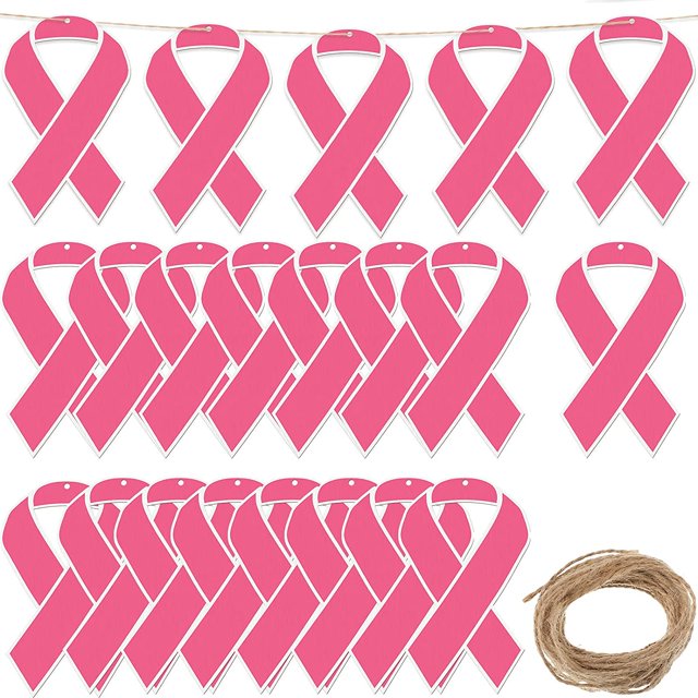 24 Pieces Breast Cancer Pink Ribbon Wall Decor Breast Cancer Wood Cutouts Pink Breast Cancer Wall Art Wooden Wall Art Hanging Sign with 32.8 Feet Ropes for Breast Cancer Awareness Wall Decor (Pink)