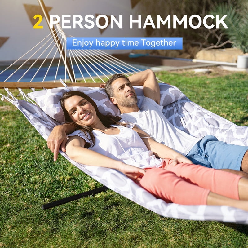 KEESTP 2-Person Cotton Rope Double Hammock with Stand, Removable Polyester Pad, 500LBS Capacity
