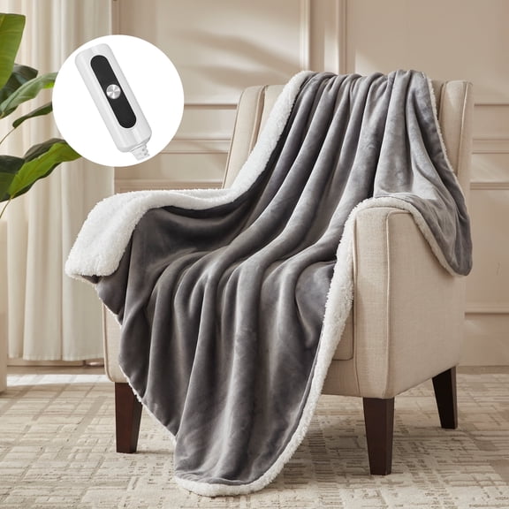 COZY@HOME Electric Blanket, Sherpa and Flannel Throw Size 50"x60", London Grey,Fast Heating 6 Heating Levels & 4H Auto-Off, Machine Washable
