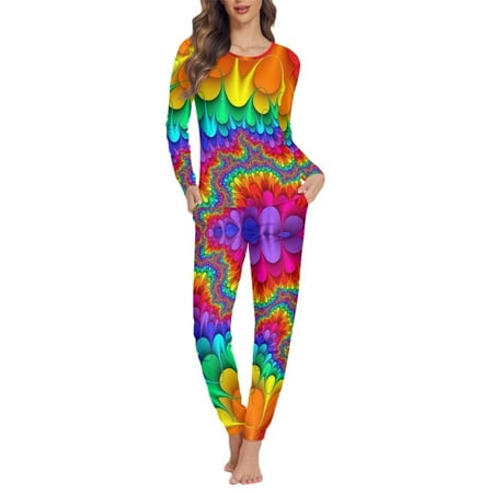 

FKELYI 2 PCS Rainbow Tie-Dye Pajamas Stretchy Pajamas for Women Long Set Size XS Durable Pajamas Top and Pants with Pockets
