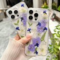 thumbnail image 4 of for iPhone 16 Pro Clear Case with Pressed Real Flower Design, Glitter Cute Purple Floral Green Leaf Pattern Slim Soft TPU Protective Women Girly Phone Cover for iPhone 16 Pro 6.3 inch, Purple, 4 of 16