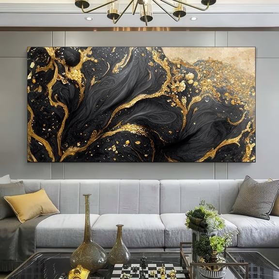 Black and Gold Abstract Canvas Wall Art Framed 48x24 Inch Modern Luxury Living Room Decor 2D Flat Print Ready to Hang