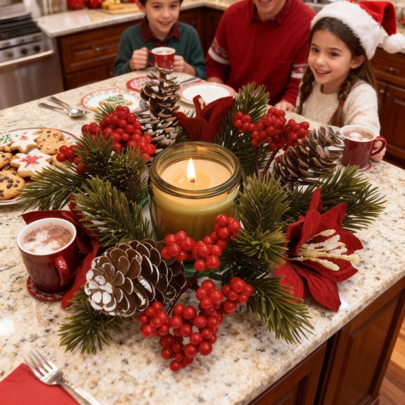 Christmas Candle Ring Wreath, 11.81-Inch Eucalyptus, Cedar and Red Berry Centerpiece