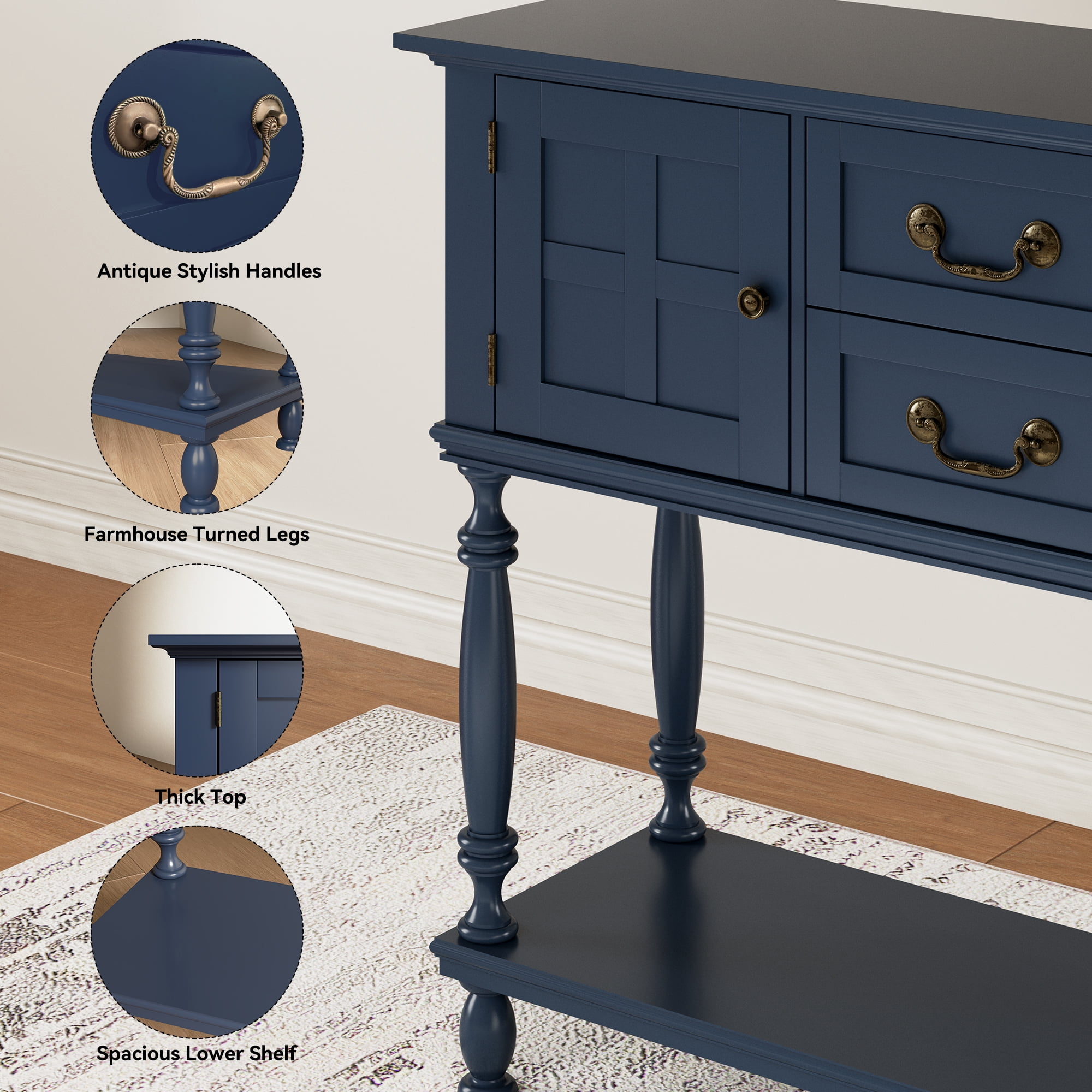 ZOSQUARE 42" Blue Console Table with Storage Cabinet, Entryway Table with Turned Legs and Bottom Shelf, Vintage Sofa Table Behind Couch for Living Room