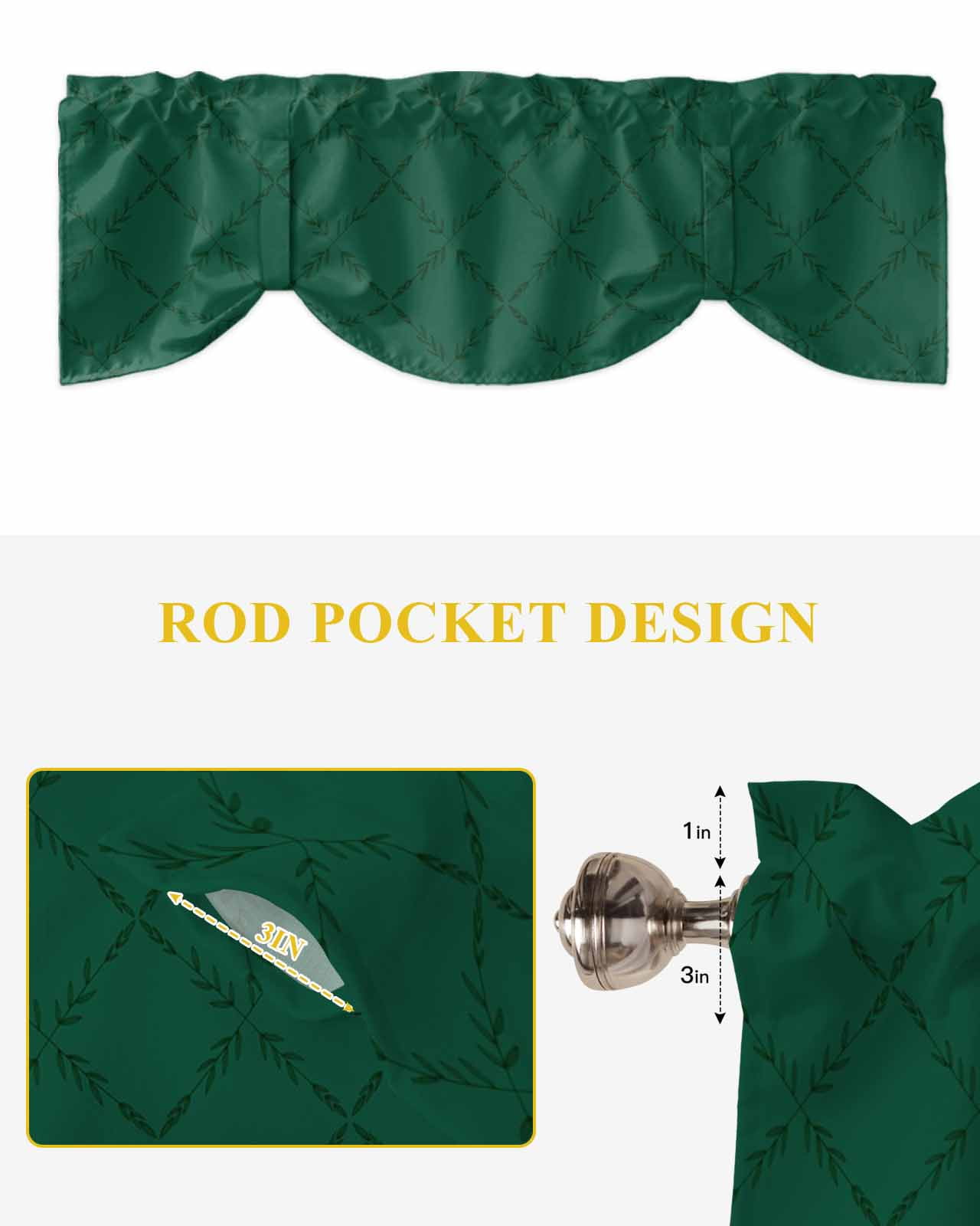 Green Rhombus Tie Up Valances Curtain, Adjustable Kitchen Modern Green Plaid Abstract Geometric Diamond Lattice Valances for Windows Decor, Rod Pocket Short Curtains Set for Bedroom/Bathroom, 54"x18"