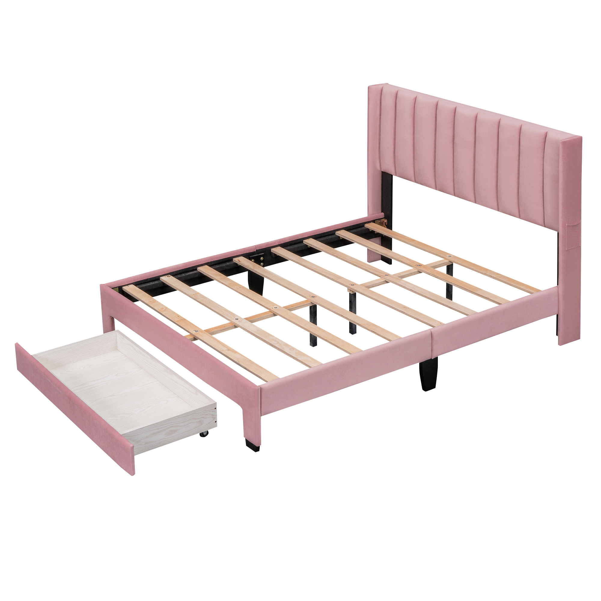 Leumius Full Size Platform Bed with A Storage Drawer,Velvet Upholstered Bed Frame with Wingback Vertical Channel Tufted Headboard,Pink