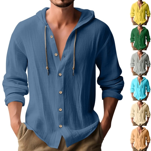 Men's Casual Button Down Hoodie Cotton Linen Blend Long Sleeve Round Neck Blouse, Soft Breathable Fabric For Daily Beach Vacation | Zenithor,Beige L