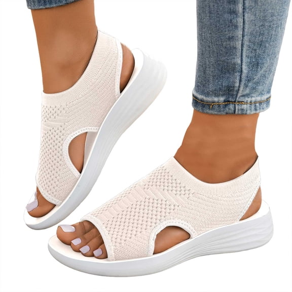 Rokment Womens Knit Mesh Athletic Orthopedic Slingback Sandals Open Toe Slip on Casual Wedge Shoes Breathable Comfortable Walking Sneakers Summer Beige Size 6.5