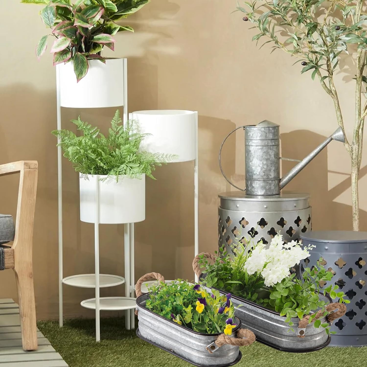 SOFE Small Oval Galvanized Planters Galvanized Bucket Set of 2, Planters for Indoor Outdoor Plants with Rope Handles, Galvanized Tub Metal Flower Pot, Farmhouse Home Decor for Outdoor Party Wedding