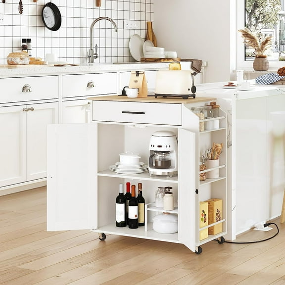 Kitchen Island with Power Outlet, Kitchen Storage Island with Spice Rack and Drawer, Rolling Kitchen on Wheels, for Home, Dining Room, Natural and White