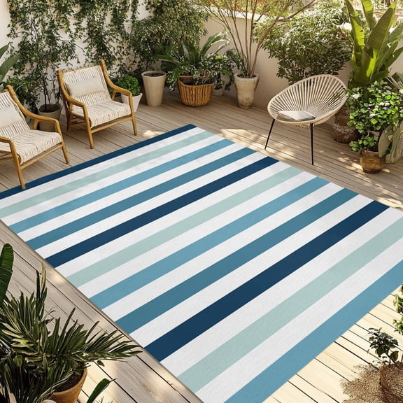 Teal Blue White Stripes Outdoor Area Rug 6x9ft Decorative Indoor Outdoor Rug Lines Striped Patio Area Rug for Porch, Deck, Balcony, Entryway, Camping & RV