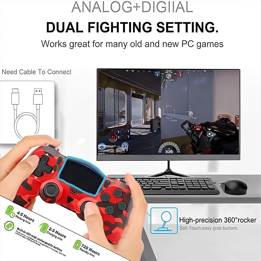 SPBPQY Wireless Game Controller Compatible with P4,Analog Sticks/6-Axis Motion Sensor With Charging Cable- Red Camo