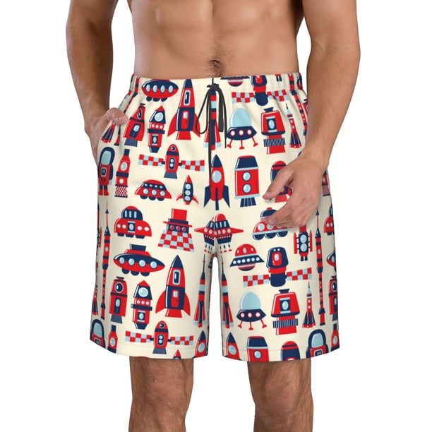 Balery Rocket Pattern Traje de Baño Estilo Hawaiano para Hombre, Shorts de Secado Rápido con Bolsillos-X-Large