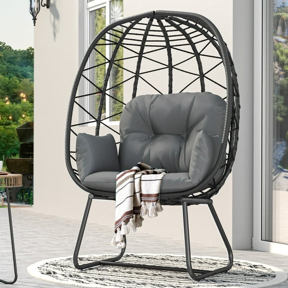 Dextrus Egg Chair with Stand Outdoor Indoor Egg Lounge Chair with Cushion Wicker Chair PE Rattan Chair Ottoman Included for Patio, Garden, Backyard, Porch, Gray