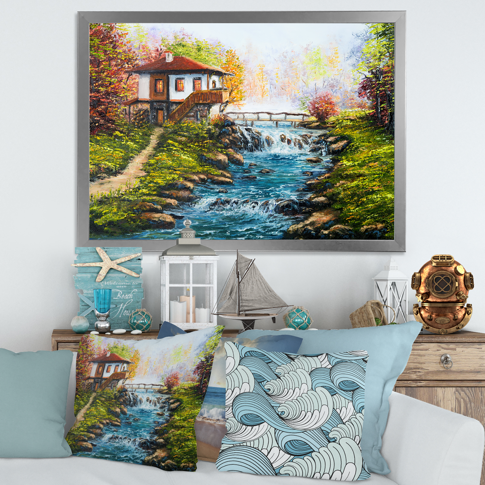 Designart 'Traditional Bulgarian River and House' Lake House Framed Art Print