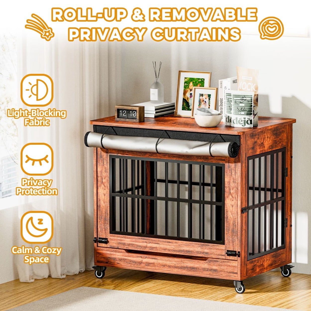 32" Dog Crate Furniture, Wooden Dog Kennel with Double Doors & Wheels, Indoor Dog Cage End Table for Small & Medium Dogs, Furniture Style Pet Crate, Brown