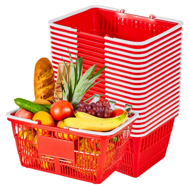 VEVOR Shopping Baskets, 20 PCS, 21L Stackable PE Plastic Grocery Baskets with Handles, Dense Mesh Structure, Holds up to 20 lbs, Portable for Grocery, Retail, Stores, Supermarket