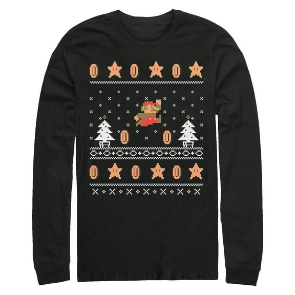 Men's Nintendo Ugly Christmas Mario Coin Long Sleeve Shirt Black Small