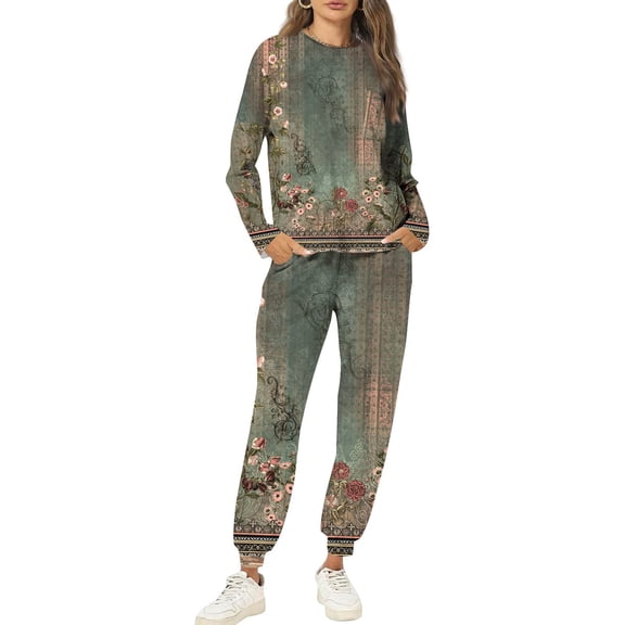 Wutalume Women's 2-Piece Printed Sweatsuit Set, Round Neck Long Sleeve Shirt and Floral Print Joggers with Pockets, Vintage Style Outfit,Army Green L