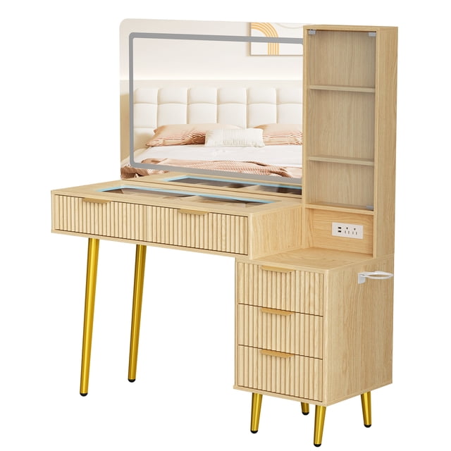 Coiffeuse Moderne en Chêne avec Grand Miroir HD Éclairé – Dessus en Verre, 5 Tiroirs, Étagères de Rangement Ouvertes à 3 Niveaux, Station de Recharge Intégrée, Table de Maquillage en Bois pour Chambre, Chêne