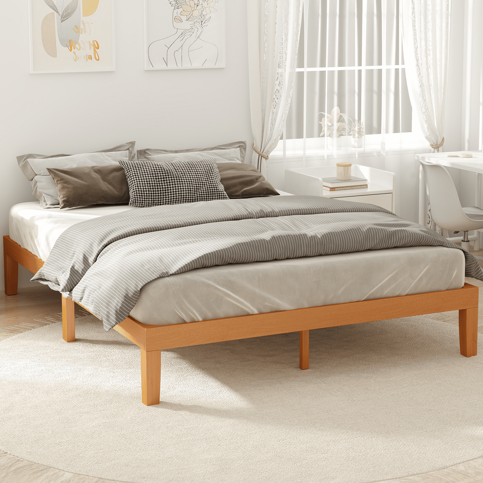 MAYEERTY Queen Wood Bed Frame - Natural Pine, Support Slats, Mattress Foundation​