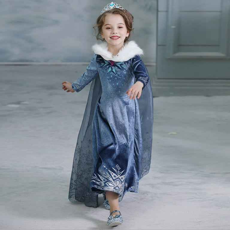 HAWEE Princess Dress for Girls - Velvet Faux Fur Collar Long Sleeves Elsa  Costume with Snowflake Cape Birthday Party Outfits