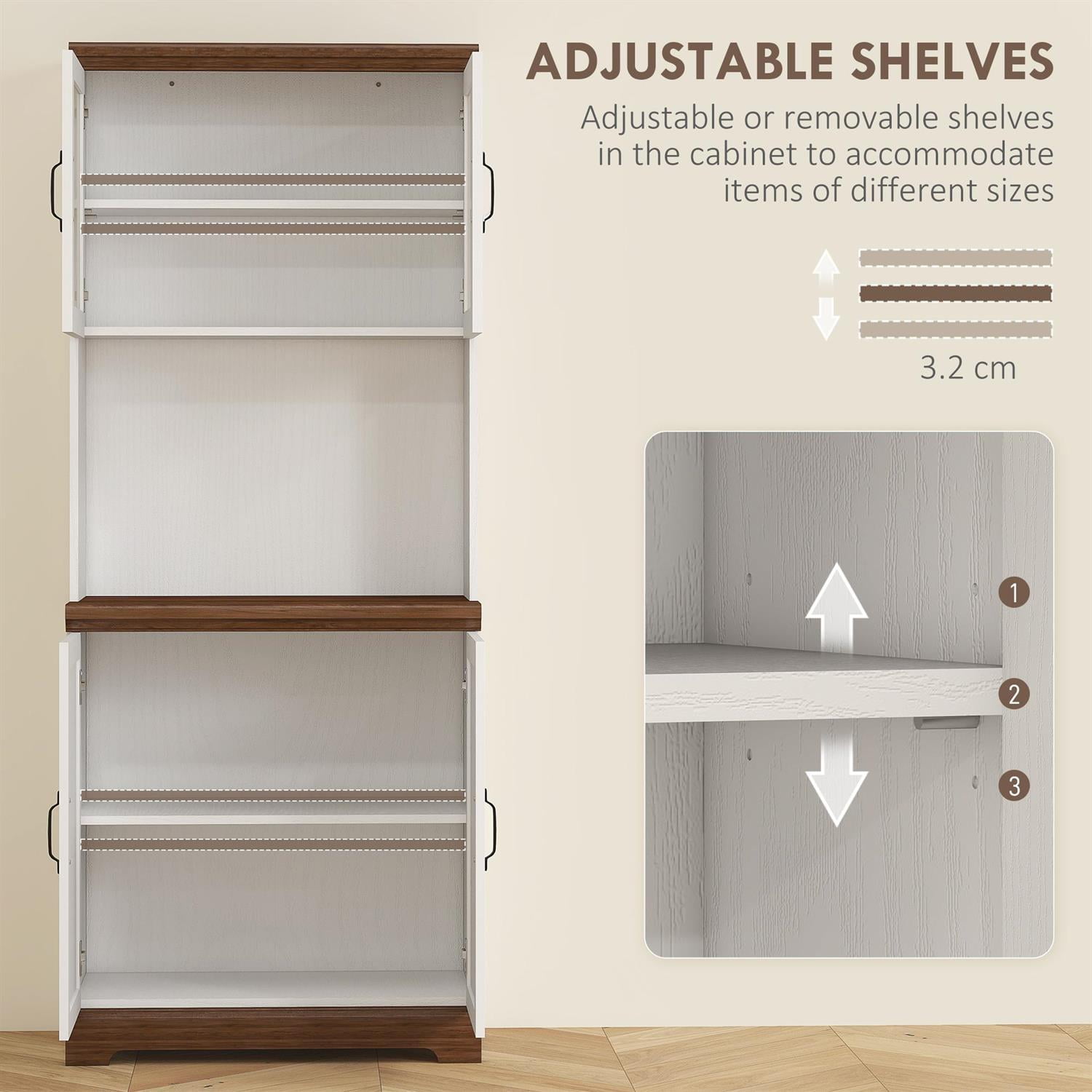 Demi Bonn 70" Farmhouse Pantry Cabinet with Glass Doors and Adjustable Shelves, Kitchen Storage Hutch, Open Countertop for Microwave, White