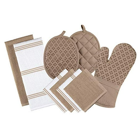 

Sticky Toffee Silicone Printed Oven Mitt & Pot Holder Cotton Terry Kitchen Dish Towel & Dishcloth Tan 9 Piece Set