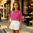 thumbnail image 6 of Girls Polo Shirts Short Sleeve Collared Button Down Tops Casual Summer Golf Shirts Side Slit School Uniform Outfits 2026,5-6Y,Hot Pink, 6 of 6