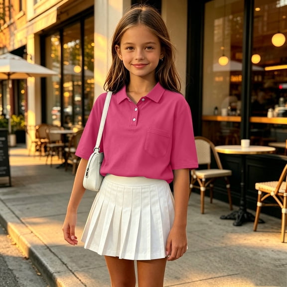 Girls Short Sleeve Soft Comfortable Polo Shirts Button Closure Kids School Uniform Daily Shirts Hot Pink 130