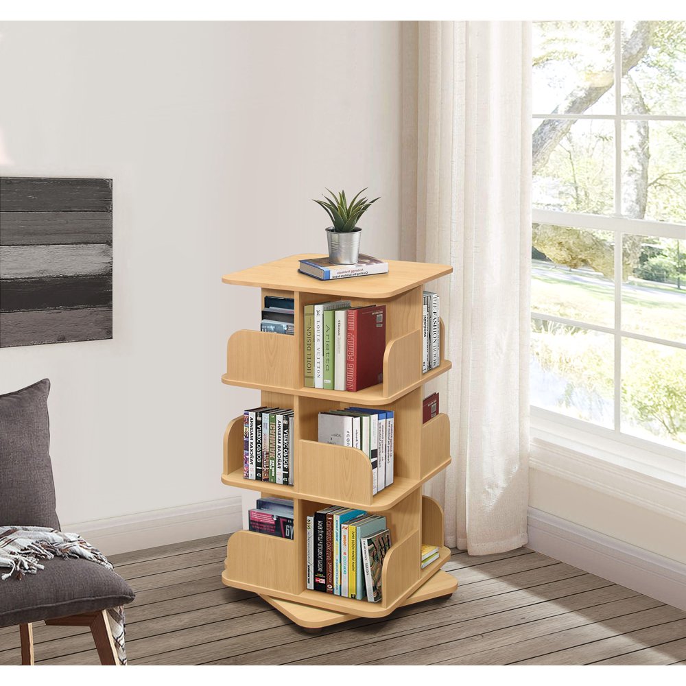 Hartwick 3 Tier Revolving Bookcase Tower with 12 Shelves, Natural Wood
